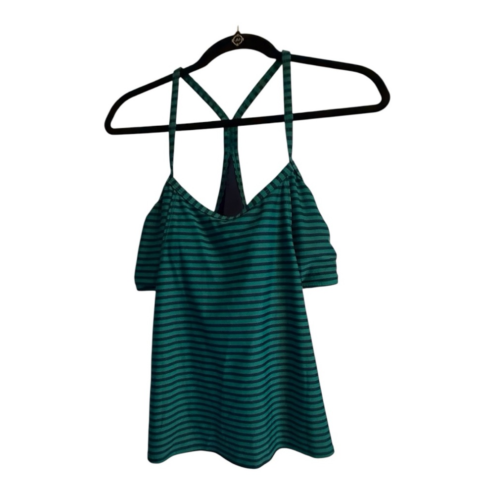 NWT Xersion Green Stripe Tankini Swim Top XL Built-In Bra Removable Cups